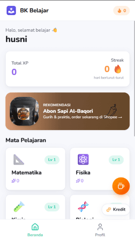Layar beranda BK Belajar memperlihatkan XP, streak, dan daftar mata pelajaran