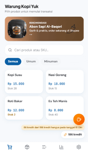 Layar beranda BK Kasir memperlihatkan katalog produk toko untuk memulai transaksi