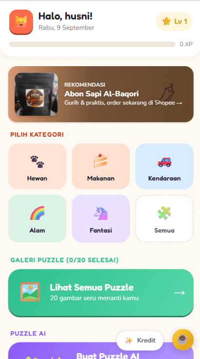 Layar beranda BK Puzzle memperlihatkan galeri puzzle dan progres XP anak
