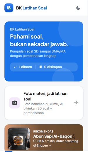 Layar beranda BK Latihan Soal memperlihatkan pintasan bikin latihan dari foto materi